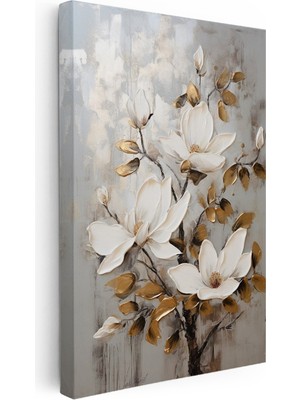 Kanvas Tablo Dekoratif Altın Yapraklı Manolya Çiçek Tablosu Ev Ofis Duvar Dekoru