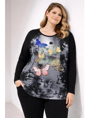 Şans Kadın Büyük Beden Siyah, Digital Baskı, Pul Payet Detaylı, Düşük Omuz Bluz 65N39360