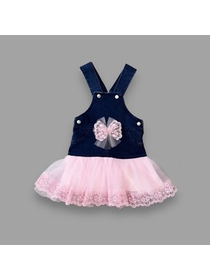 2-3-4 Yaş Fiyonklu Düğme Detaylı Tül Etek Kot Kumaş Salopet Kız Çocuk Elbisesi Lacivert-Pembe