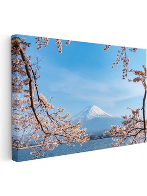 Kanvas Tablo Fuji Dağı ve Pembe Bahar Dalları Manzara Tablosu Ev Ofis Duvar Dekoru