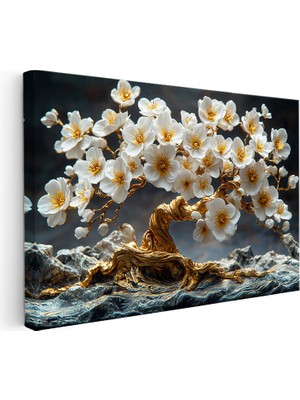 Kanvas Tablo Kayalar Üzerinde Altın Çiçekli Ağaç Çiçek Tablosu Ev Ofis Duvar Dekoru