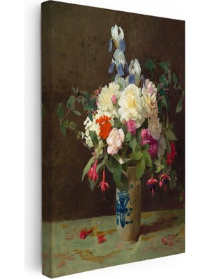 Kanvas Tablo M.c.j. Vazoda Iris ve Şakayık Çiçekleri Masa Üstü Ressam Tablosu Ev Ofis Dekoru