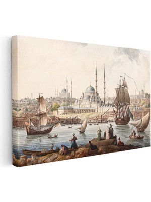 Kanvas Tablo Istanbul Boğazı Tarihi Gemi ve Iskele Sahnesi Ev Ofis Duvar Dekoru