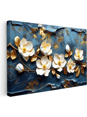 Kanvas Tablo Kabartma Görünümlü Manolya Dalı Çiçek Tablosu Ev Ofis Duvar Dekoru