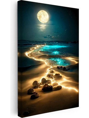 Kanvas Tablo Gece Sahili Ay Işığı ve Kayalıklar Manzara ve Doğa Tablosu Ev Ofis Duvar Dekoru