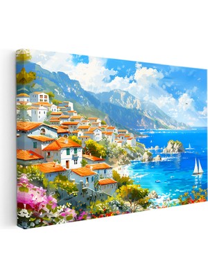 Kanvas Tablo Akdeniz Sahil Kasabası Yelkenli ve Deniz Manzara Tablosu Ev Ofis Duvar Dekoru