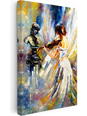Kanvas Tablo Heykel ve Keman Çalan Kadın Sanat Tablosu Ev Ofis Duvar Dekoru