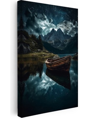 Kanvas Tablo Yıldızlı Gece Gölde Ahşap Sandal Manzara Tablosu Ev Ofis Duvar Dekoru