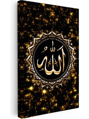 Kanvas Tablo Allah Lafzı Altın Rengi Yıldız Desenli Dini Islami Tablo Ev Ofis Duvar Dekoru