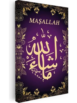 Kanvas Tablo Maşallah Yazısı Mor Zemin Süslemeli Dini Islami Tablo Ev Ofis Duvar Dekoru