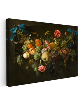 Kanvas Tablo Jan Van Huysum Meyve ve Çiçek Garlandı Mavi Kurdele Ressam Tablosu Ev Ofis Dekoru