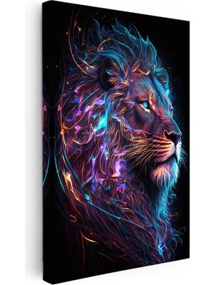 Kanvas Tablo Neon Çizgisel Aslan Tablosu Ev Ofis Duvar Dekoru