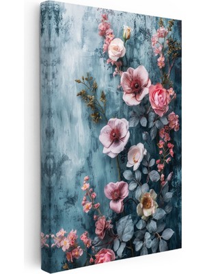Kanvas Tablo Mavi Dokulu Pembe Yaban Gülü Çiçek Tablosu Ev Ofis Duvar Dekoru