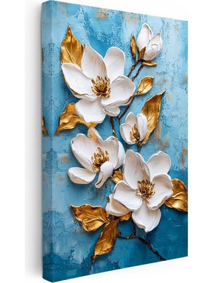 Kanvas Tablo Kabartma Görünümlü Mavi Beyaz Çiçekler Çiçek Tablosu Ev Ofis Duvar Dekoru