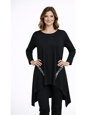 Şans Kadın Büyük Beden Siyah, Asimetrik Kesim Şerit Taş Detaylı Uzun Tunik 65N39353