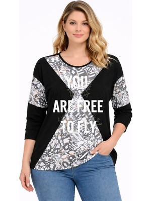 Şans Kadın Büyük Beden Siyah, Bisiklet Yaka, Düşük Kol, Baskı Detaylı Viskon Tunik 65N39398