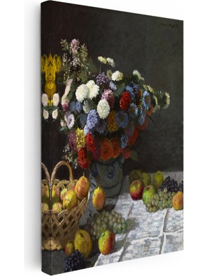 Kanvas Tablo Claude Monet Meyveler ve Çiçekler Sepetli Natürmort Ressam Tablosu Ev Ofis Dekoru