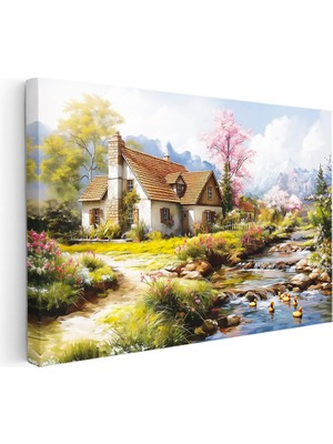 Kanvas Tablo Çiçekli Bahar Evi ve Dere Manzara ve Doğa Tablosu Ev Ofis Duvar Dekoru