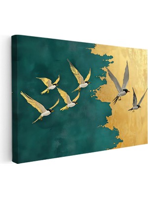 Kanvas Tablo Altın Gökyüzünde Uçan Kuşlar Modern Tablo Ev Ofis Duvar Dekoru