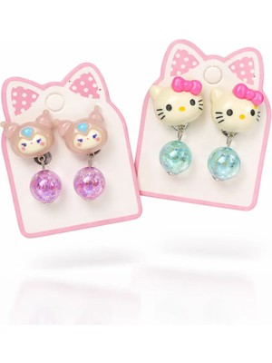 Hello Kitty Kuromi Sanrio Karakterli Karışık Renk ve Model Bijuteri Renkli Boncuklu Arkası Sıkıştırmalı Çocuk Küpe Seti (2ÇİFT)