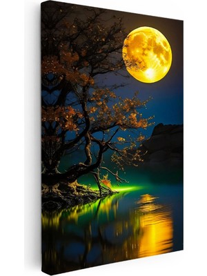 Kanvas Tablo Gece Ağacı ve Büyük Sarı Ay Manzara ve Doğa Tablosu Ev Ofis Duvar Dekoru