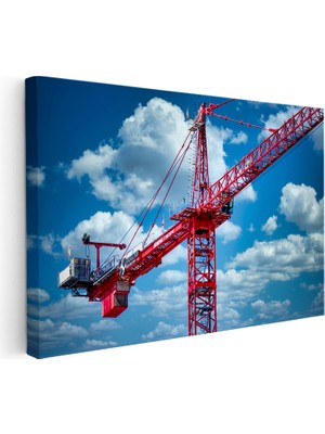 Kanvas Tablo Kırmızı Vinç ve Bulutlu Mavi Gökyüzü Inşaat Mühendisi Tablosu Ev Ofis Dekoru