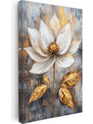 Kanvas Tablo Altın Dokulu Beyaz Nilüfer Çiçek Tablosu Ev Ofis Duvar Dekoru