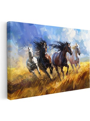 Kanvas Tablo Sarı Tarlada Dörtnala At Sürüsü Tablosu Ev Ofis Duvar Dekoru