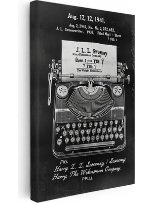 Kanvas Tablo Daktilo Üstten Görünüm Patent Çizimi Vintage Tablo Ev Ofis Duvar Dekoru