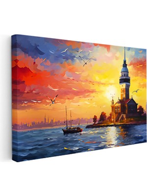 Kanvas Tablo Kız Kulesi ve Boğaz Gün Batımı Şehir ve Mimari Tablo Ev Ofis Duvar Dekoru