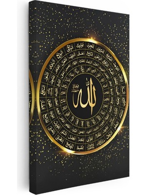 Kanvas Tablo Esmaül Hüsna Yuvarlak Tasarım Siyah Fon Dini Islami Tablo Ev Ofis Duvar Dekoru