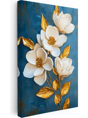 Kanvas Tablo Mavi Zeminli Altın Manolya Çiçek Tablosu Ev Ofis Duvar Dekoru