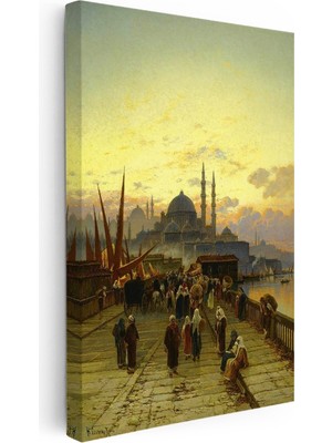 Kanvas Tablo Eski Istanbul Köprüsü ve Halk Osmanlı Tablosu Ev Ofis Duvar Dekoru