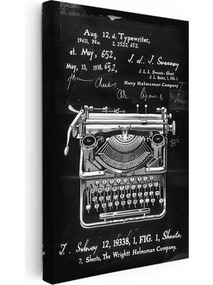 Kanvas Tablo Daktilo Patent Çizimi Detaylı Vintage Tablo Ev Ofis Duvar Dekoru