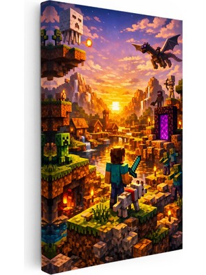 Key Kanvas Tablo Steve Ender Dragon ve Portal Minecraft Tablosu Ev Ofis Duvar Dekoru