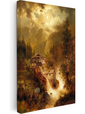 Kanvas Tablo M. M. K. Kır Evi Şelale Dere Işık Gece Ressam Tablosu Ev Ofis Duvar Dekoru