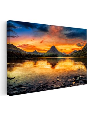 Kanvas Tablo Kızıl Gün Batımı ve Dağ Gölü Yansıması Manzara Tablosu Ev Ofis Duvar Dekoru