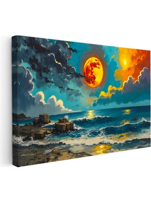 Kanvas Tablo Turuncu Ay ve Dalgalı Deniz Manzara ve Doğa Tablosu Ev Ofis Duvar Dekoru