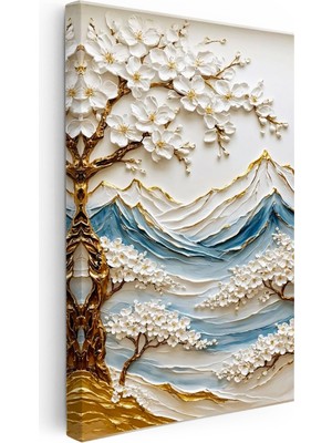 Kanvas Tablo Bahar Dalı ve Dağ Manzarası Kabartma Görünümlü Tablu Ev Ofis Duvar Dekoru