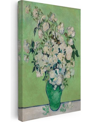Kanvas Tablo Vincent Van Gogh Beyaz Güller ve Yeşil Vazo Zemin Ressam Tablosu Ev Ofis Dekoru