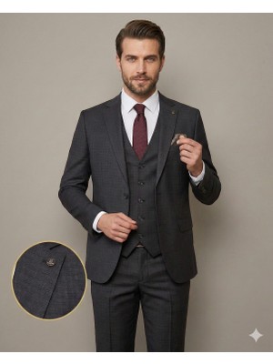 Fabio Cassel Slim Fit  Mono Yaka Çift Yırtmaçlı Astarlı Takım Elbise Yelekli