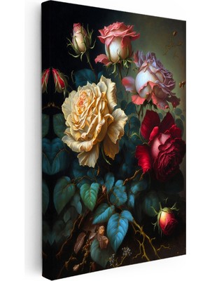 Kanvas Tablo Klasik Yağlı Boya Görünümlü Güller Çiçek Tablosu Ev Ofis Duvar Dekoru