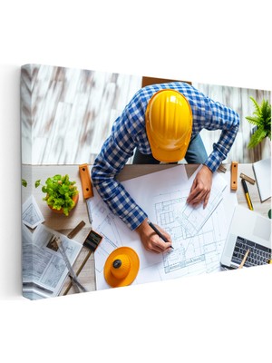 Kanvas Tablo Sarı Baretli Proje Çizimi Mimar Tablosu Ev Ofis Duvar Dekoru