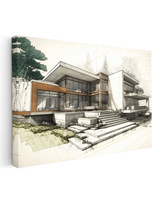 Kanvas Tablo Modern Villa Mimari Tasarım Eskizi Mimar Tablosu Ev Ofis Duvar Dekoru