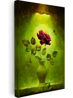 Kanvas Tablo Kelebekler ve Kırmızı Gül Çiçek Tablosu Ev Ofis Duvar Dekoru