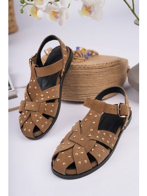 Sy Leather Elena Model Hakiki Deri Çakma Troplu Bantlı Tokalı Kadın Günlük Sandalet