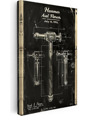 Kanvas Tablo Çekiç Patent Çizimi Teknik Detaylı Vintage Tablo Ev Ofis Duvar Dekoru