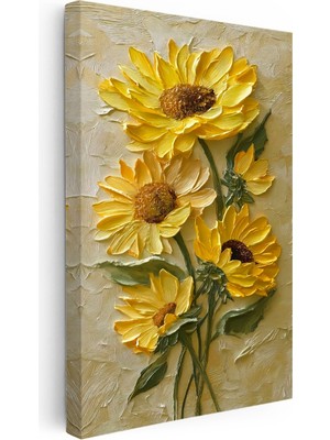Kanvas Tablo Kabartma Görünümlü Ayçiçekleri Çiçek Tablosu Ev Ofis Duvar Dekoru
