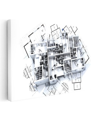 Kanvas Tablo Gri Tonlu Detaylı Mimari Kat Planı Mimar Tablosu Ev Ofis Duvar Dekoru
