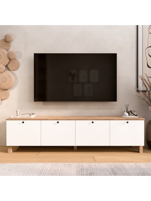Yurudesign Nord Tv Ünitesi Sehpası 4 Kapaklı Ahşap Ayaklı 180CM Sepet-Beyaz Nd7-Sw